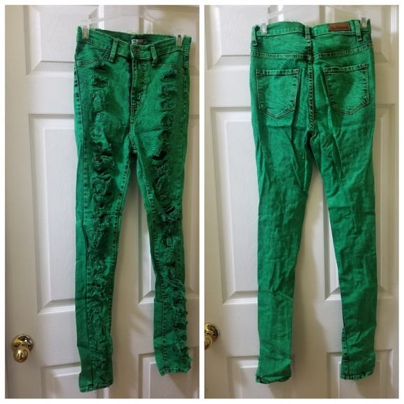 Vintage look Green denim distressed jeans - Picture 2 of 4